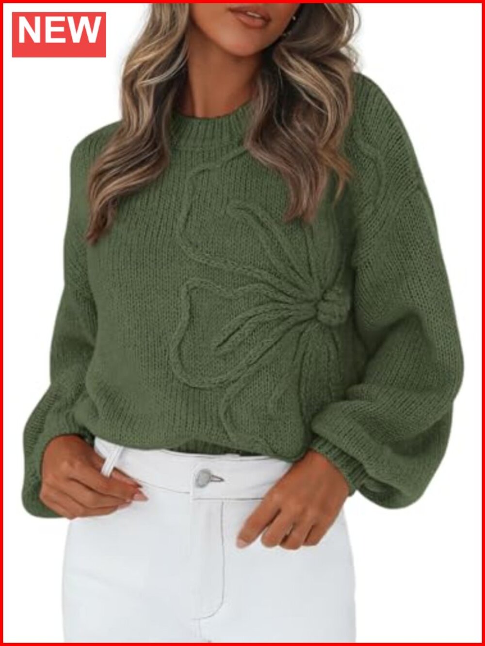 Oversized 3D Floral Knit Sweater Crew Neck Lantern Sleeve Pullover